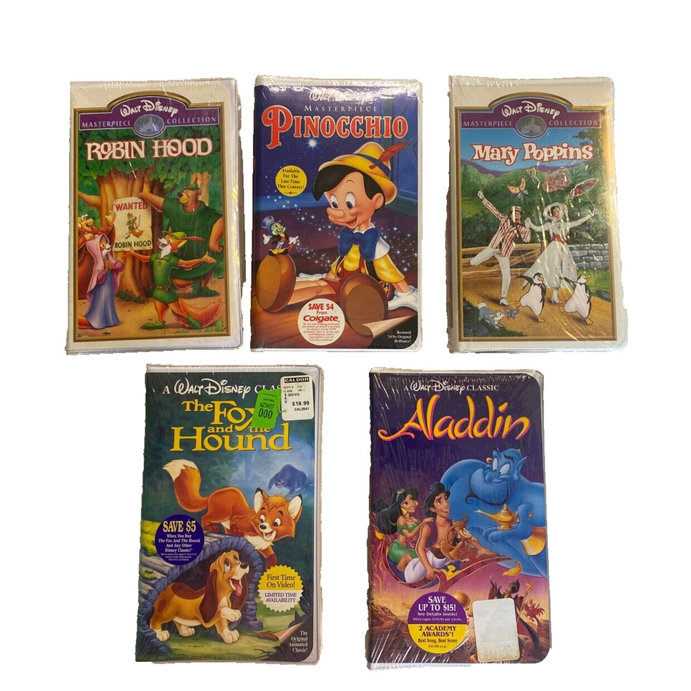 VINTAGE NEW Disney Movies Pinocchio Mary Poppins Aladdin Robin Hood & Fox Hound